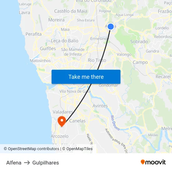 Alfena to Gulpilhares map