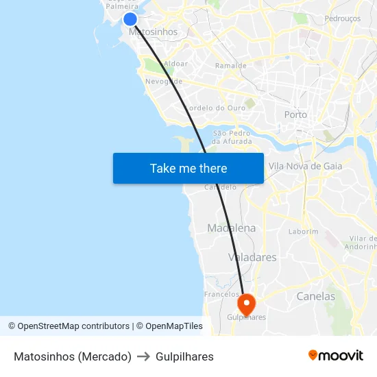 Matosinhos (Mercado) to Gulpilhares map