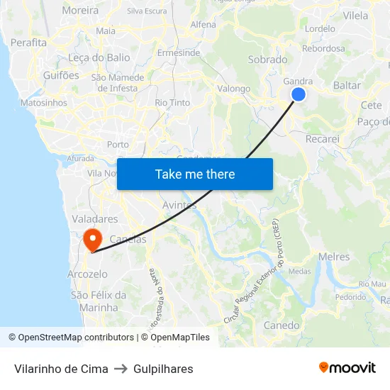 Vilarinho de Cima to Gulpilhares map