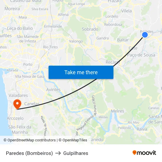 Paredes (Bombeiros) to Gulpilhares map