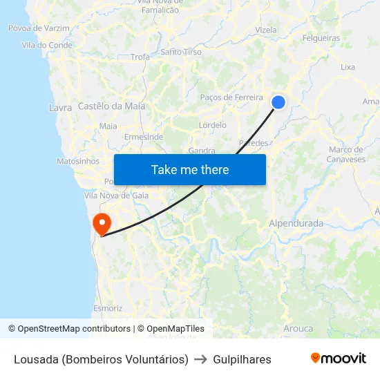 Lousada (Bombeiros Voluntários) to Gulpilhares map