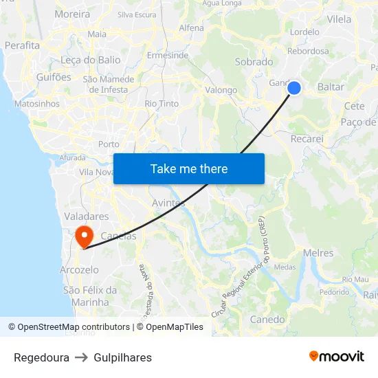 Regedoura to Gulpilhares map