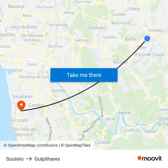 Soutelo to Gulpilhares map
