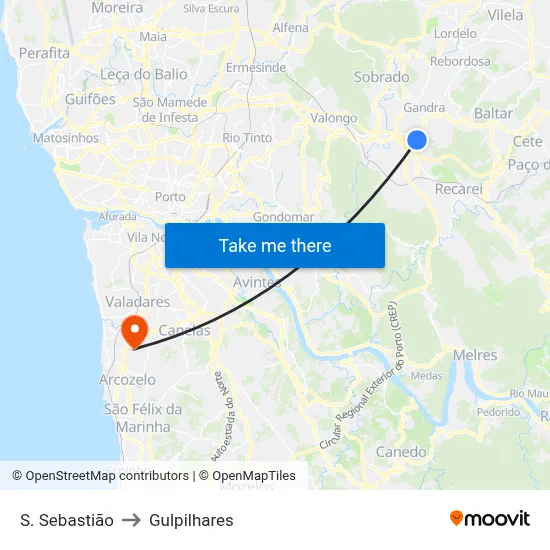 S. Sebastião to Gulpilhares map