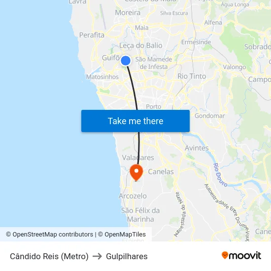 Cândido Reis (Metro) to Gulpilhares map