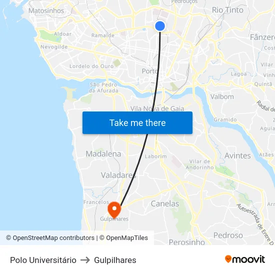 Polo Universitário to Gulpilhares map