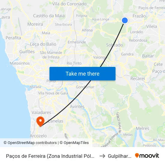 Paços de Ferreira (Zona Industrial Pólo 2) to Gulpilhares map