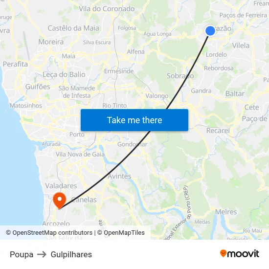 Poupa to Gulpilhares map