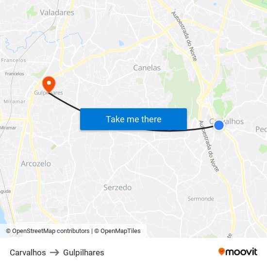 Carvalhos to Gulpilhares map