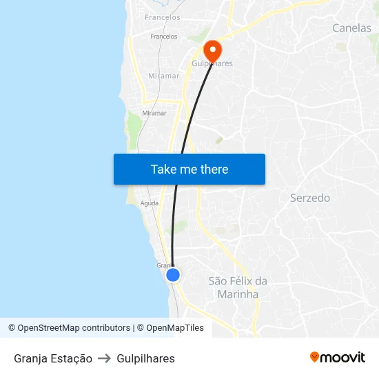 Granja Estação to Gulpilhares map