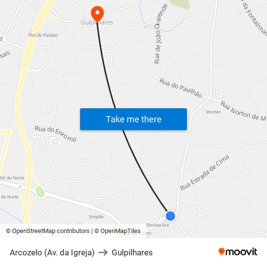 Arcozelo (Av. da Igreja) to Gulpilhares map