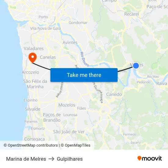 Marina de Melres to Gulpilhares map