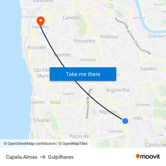 Capela Almas to Gulpilhares map