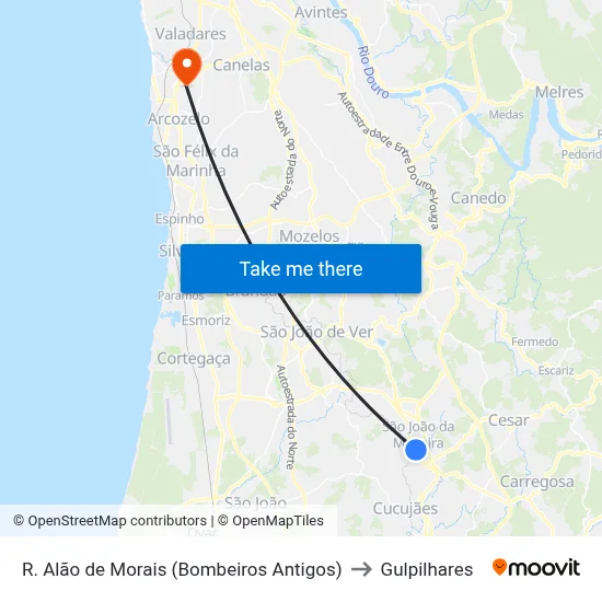 R. Alão de Morais (Bombeiros Antigos) to Gulpilhares map
