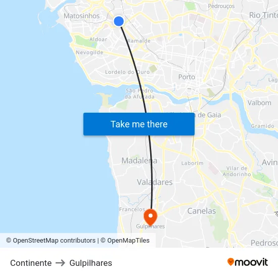 Continente to Gulpilhares map