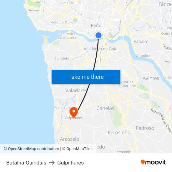 Batalha-Guindais to Gulpilhares map