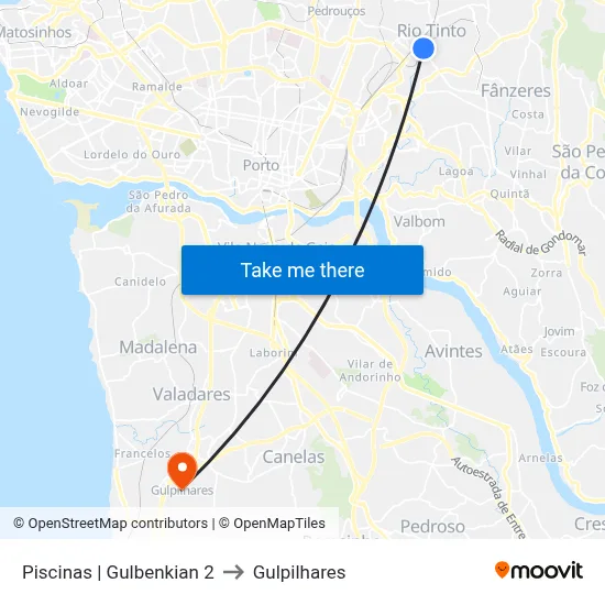 Piscinas | Gulbenkian 2 to Gulpilhares map