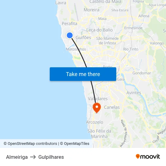 Almeiriga to Gulpilhares map