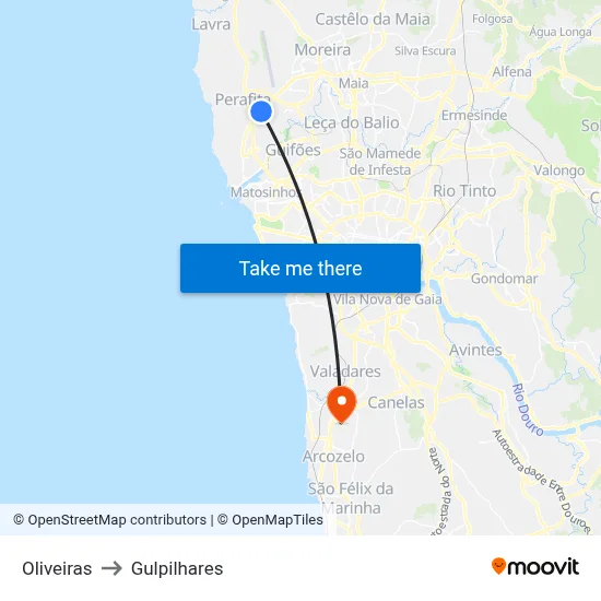 Oliveiras to Gulpilhares map