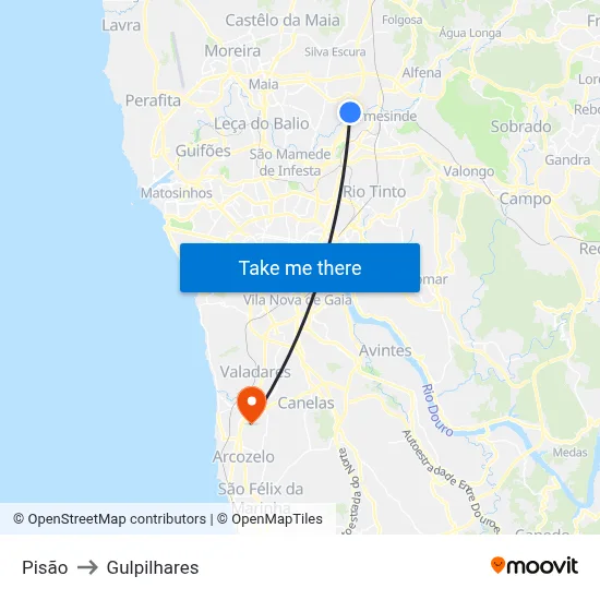 Pisão to Gulpilhares map