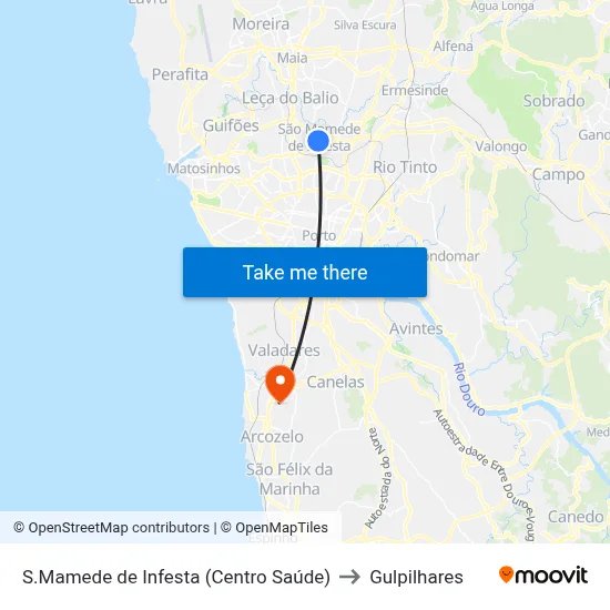 S.Mamede de Infesta (Centro Saúde) to Gulpilhares map