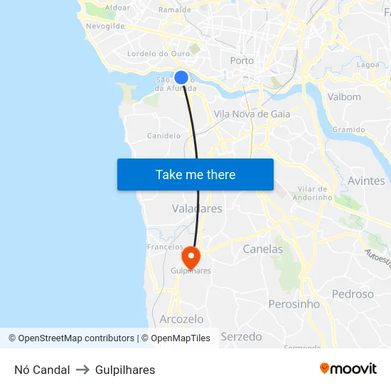 Nó Candal to Gulpilhares map