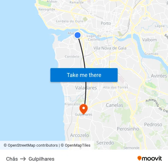 Chãs to Gulpilhares map