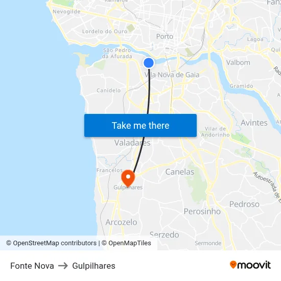 Fonte Nova to Gulpilhares map