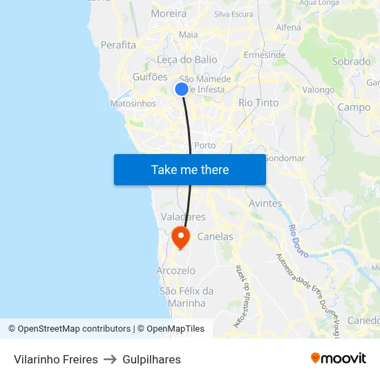 Vilarinho Freires to Gulpilhares map