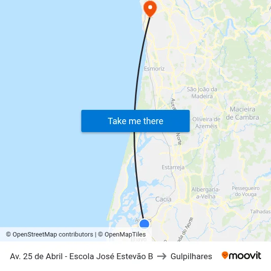 Av. 25 de Abril - Escola José Estevão B to Gulpilhares map