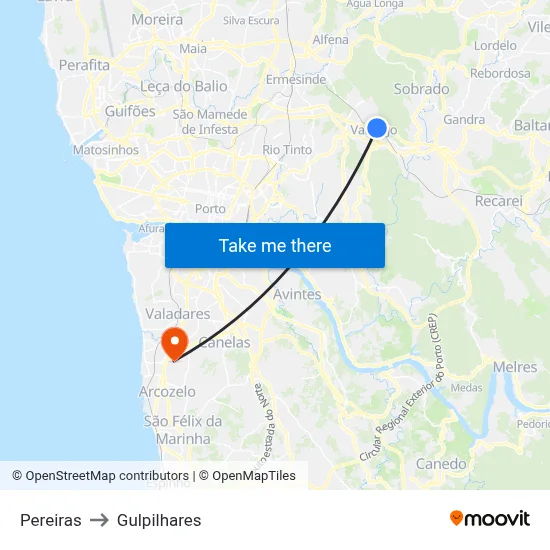 Pereiras to Gulpilhares map