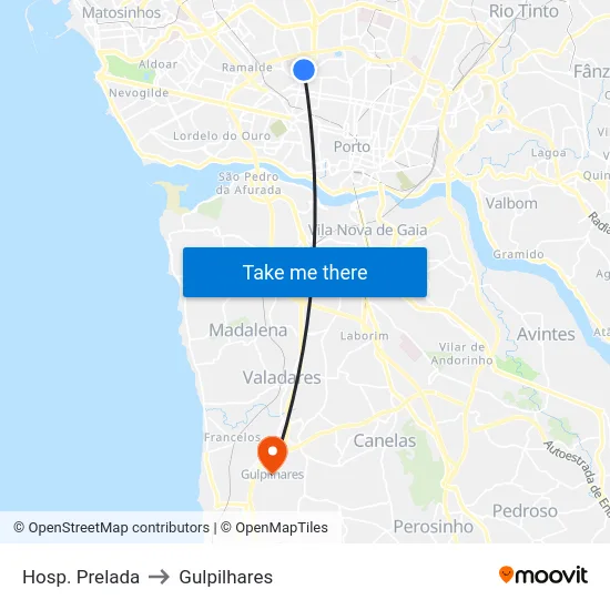 Hosp. Prelada to Gulpilhares map
