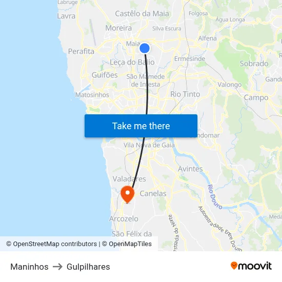 Maninhos to Gulpilhares map