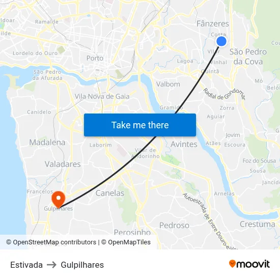 Estivada to Gulpilhares map