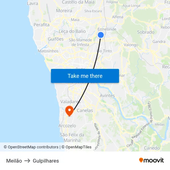 Meilão to Gulpilhares map