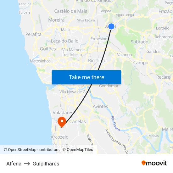 Alfena to Gulpilhares map