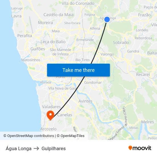Água Longa to Gulpilhares map