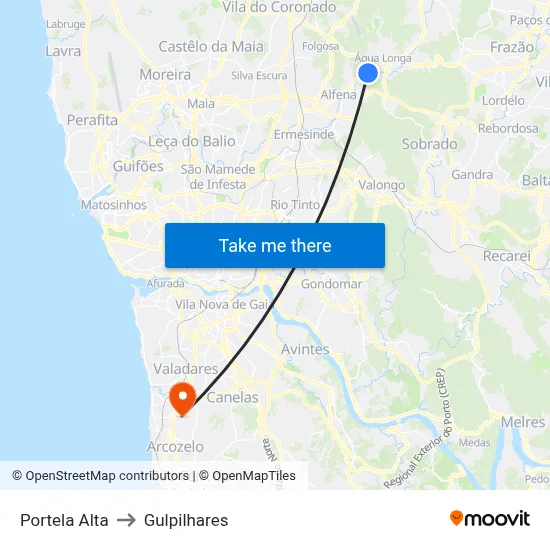 Portela Alta to Gulpilhares map