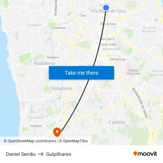 Daniel Serrão to Gulpilhares map