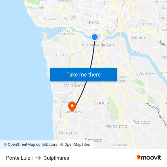 Ponte Luiz I to Gulpilhares map
