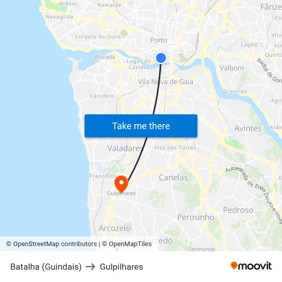 Batalha (Guindais) to Gulpilhares map