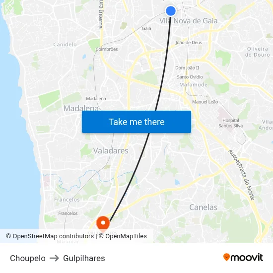 Choupelo to Gulpilhares map