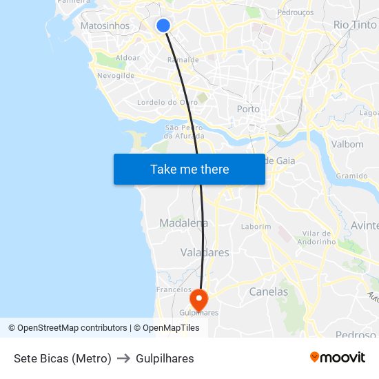 Sete Bicas (Metro) to Gulpilhares map