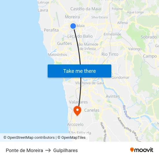 Ponte de Moreira to Gulpilhares map