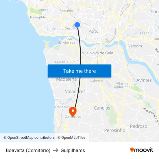 Boavista (Cemitério) to Gulpilhares map