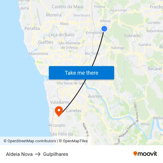 Aldeia Nova to Gulpilhares map