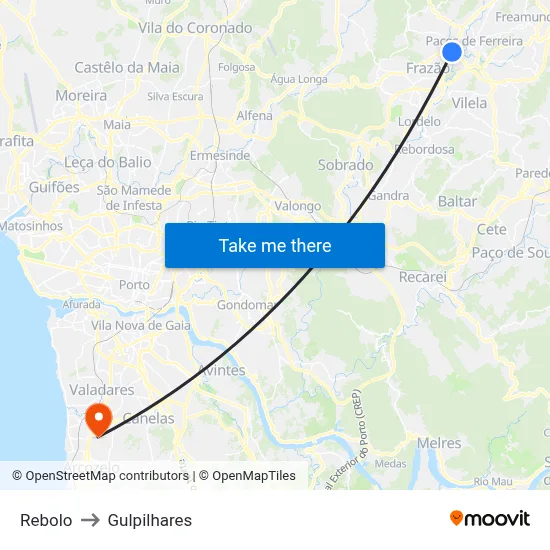 Rebolo to Gulpilhares map