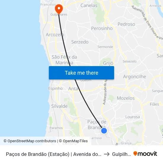 Paços de Brandão (Estação) | Avenida do Monte de Cima to Gulpilhares map