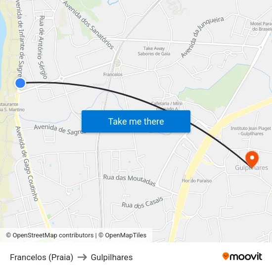 Francelos (Praia) to Gulpilhares map