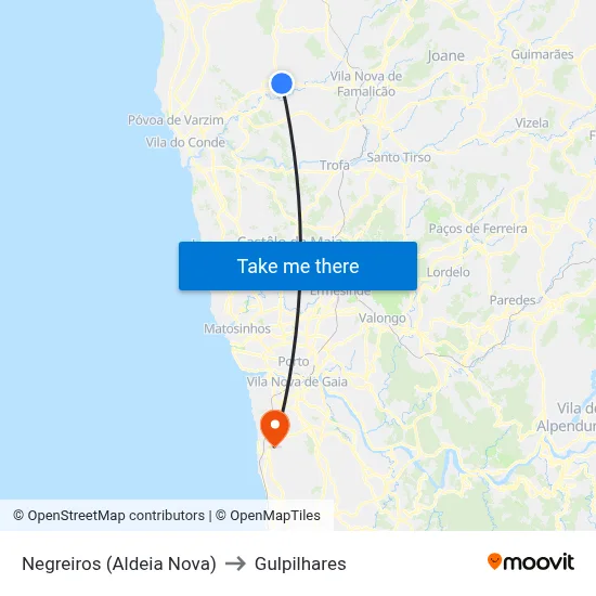 Negreiros (Aldeia Nova) to Gulpilhares map